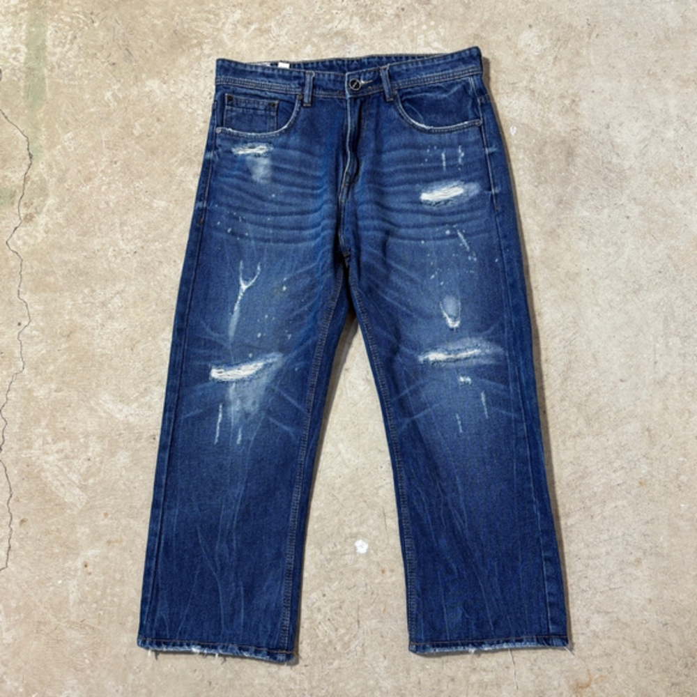 Amiri Blue Jeans Men’s Size 34 HEMMED Embroidered Zipper Fly Distressed Straight